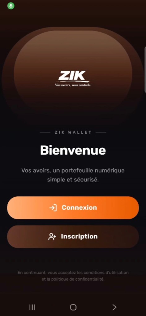 ZIK WALLET — écran d’accueil de l’application mobile.